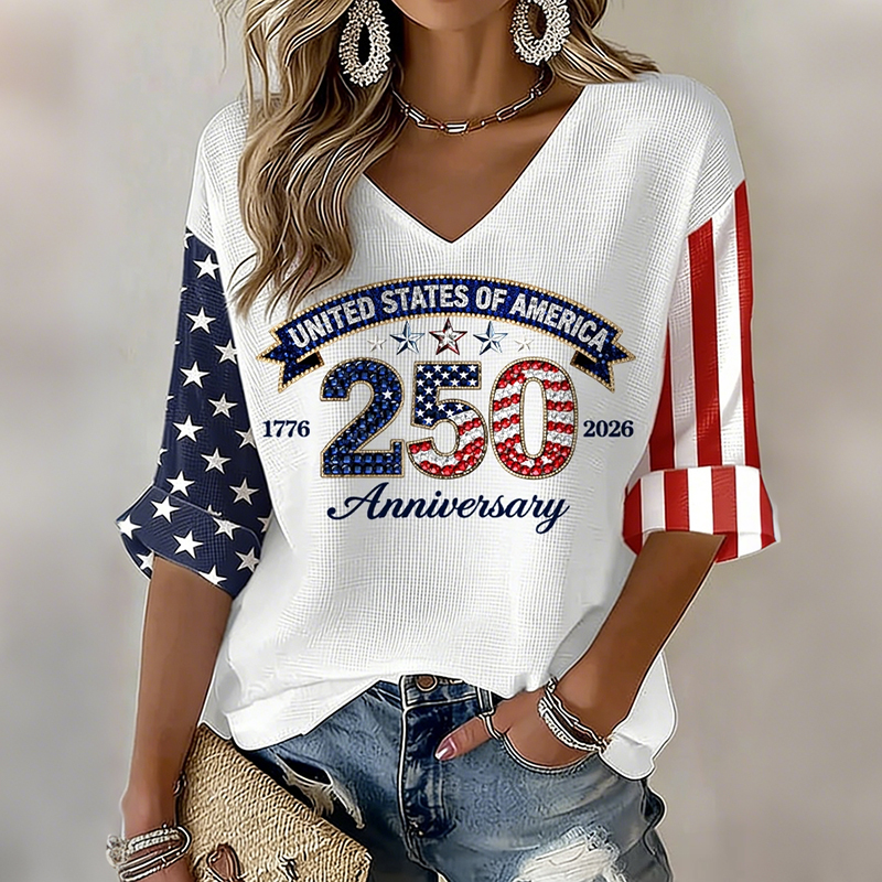 Women's American 250th Anniversary Three-quarter Sleeve V Neck Linen Tops