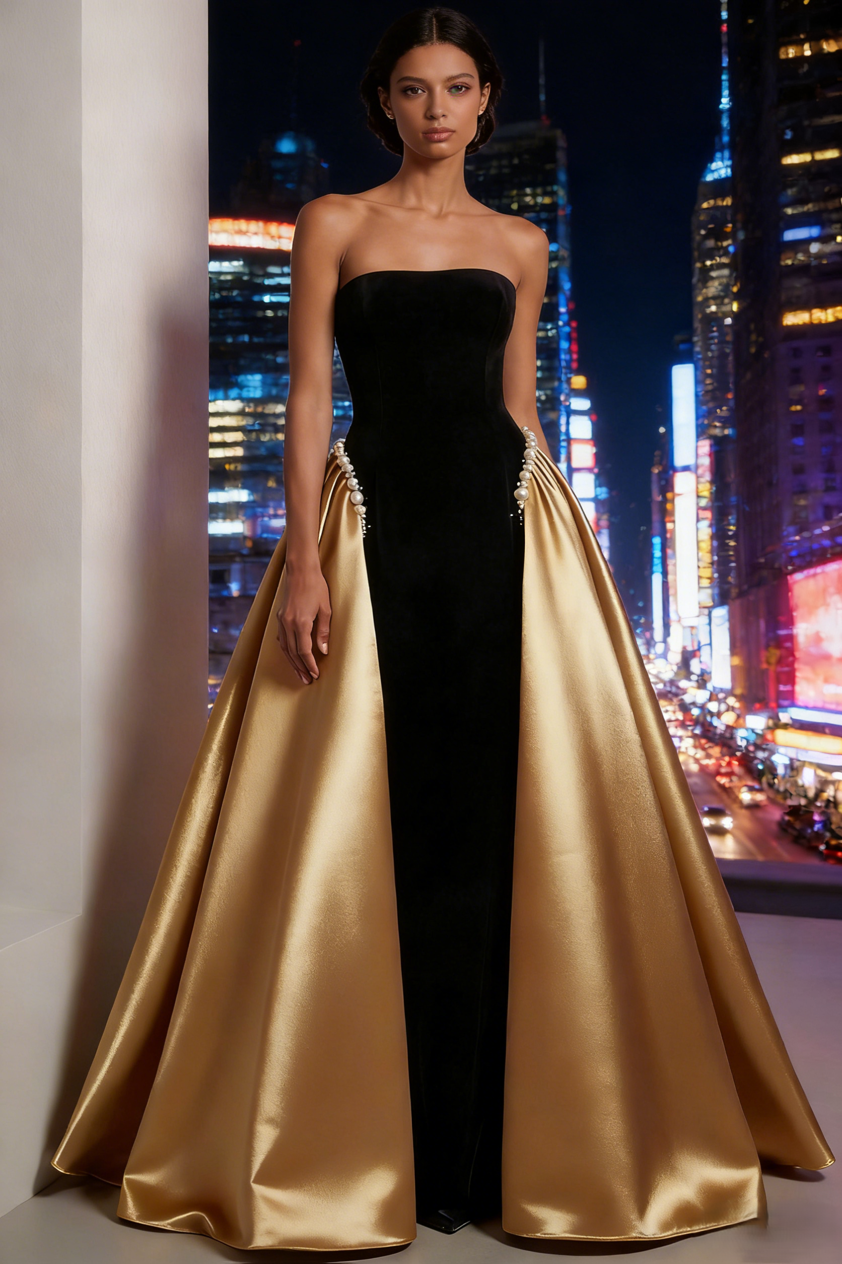 Black Velvet & Gold Satin Strapless Ball Gown with Pearl Embellishment