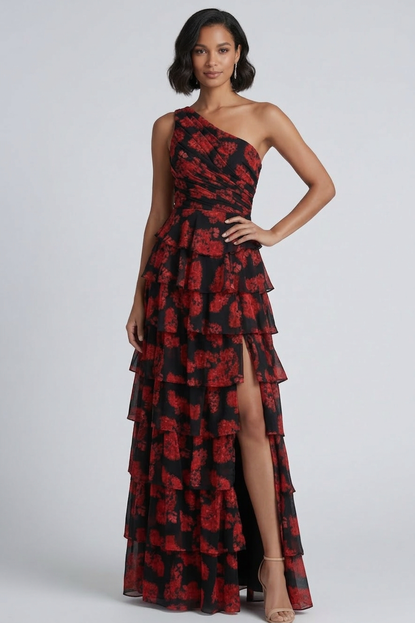 Black & Red Floral One-Shoulder Tiered Chiffon Gown