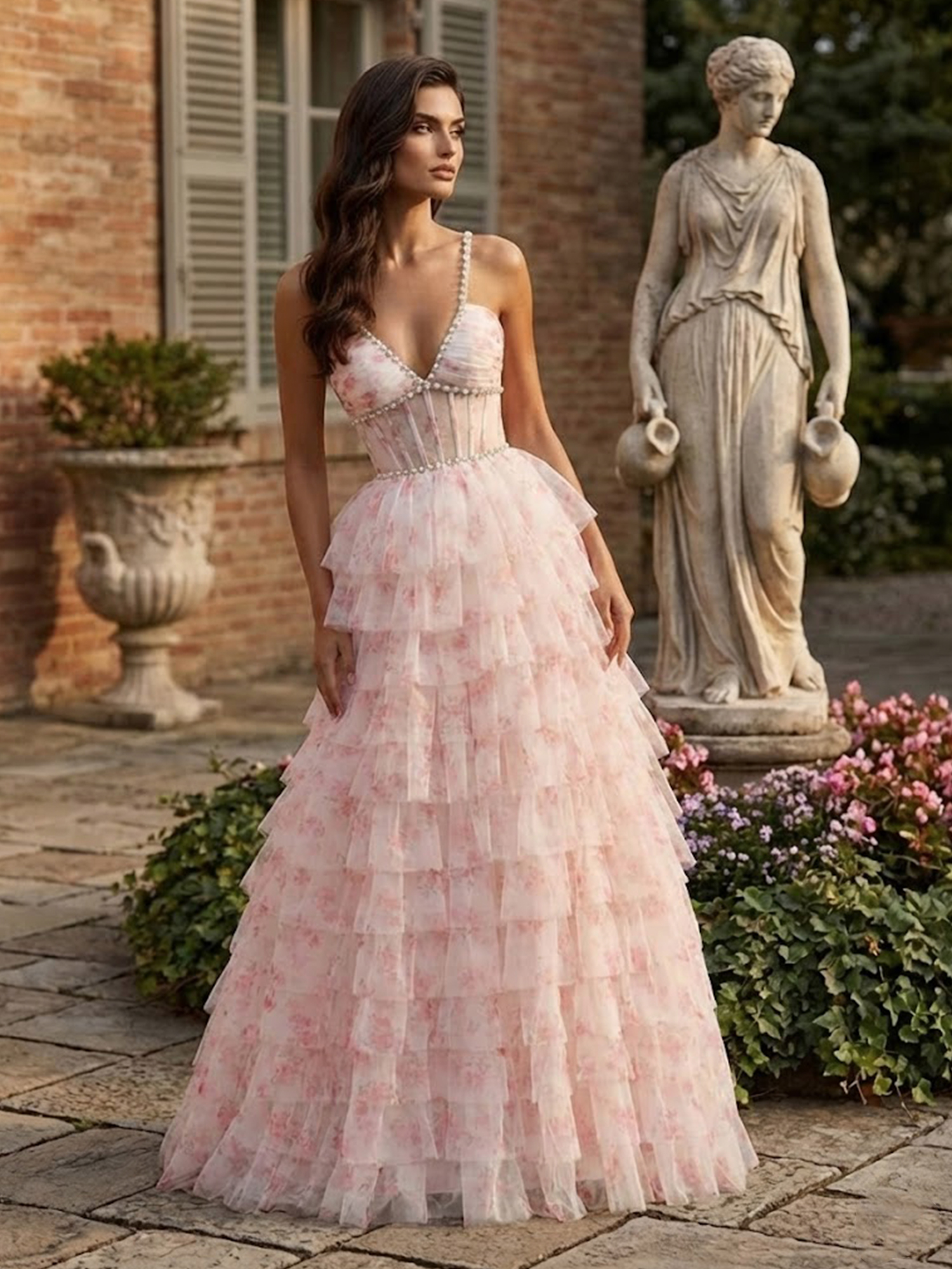 Tiered Floral Prom Dresses for Teens V Neck Bead A Line Sweet 16 Dress
