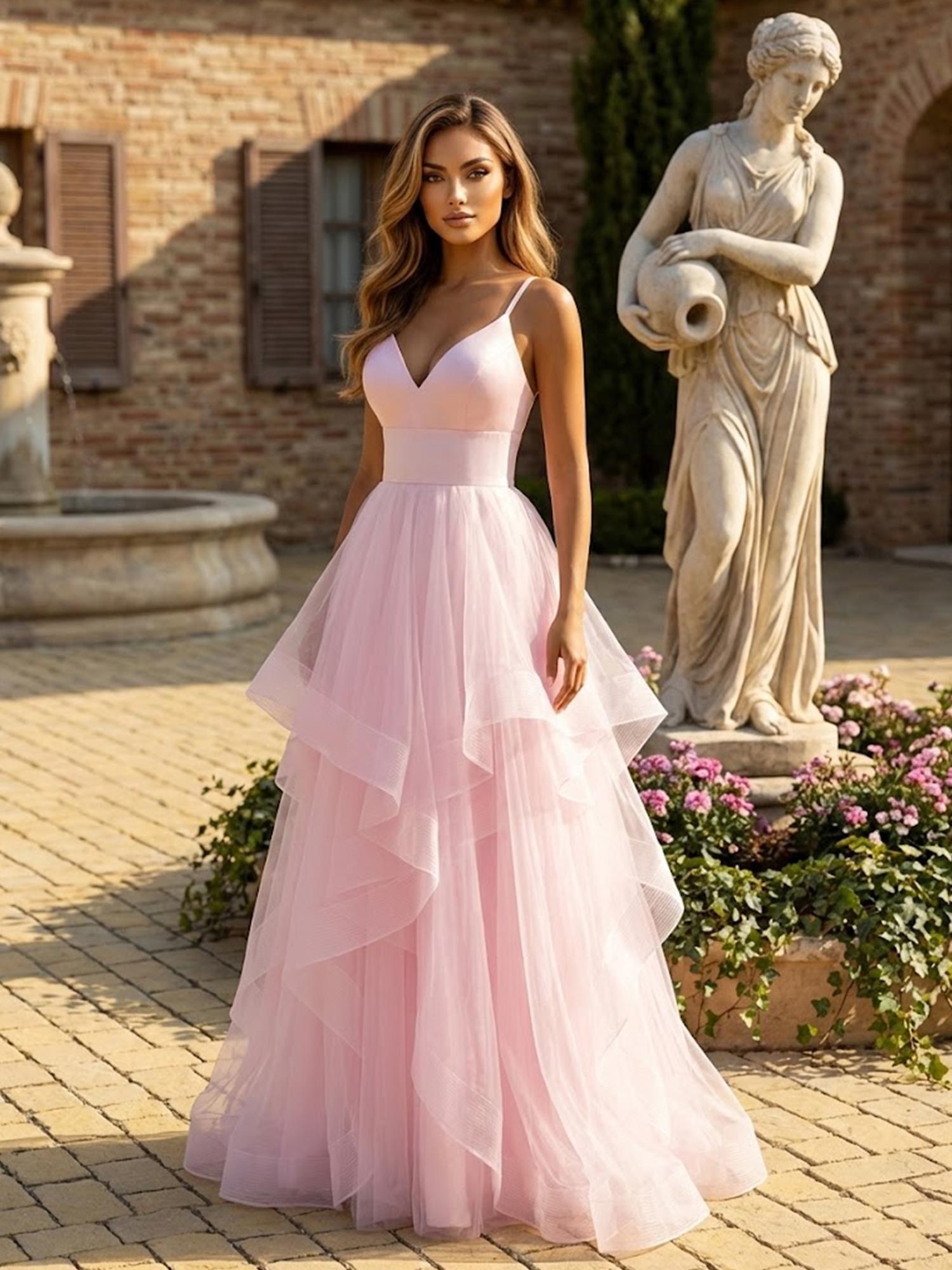Spaghetti Straps Prom Dresses for Teens V Neck Tiered Evening Party Dress
