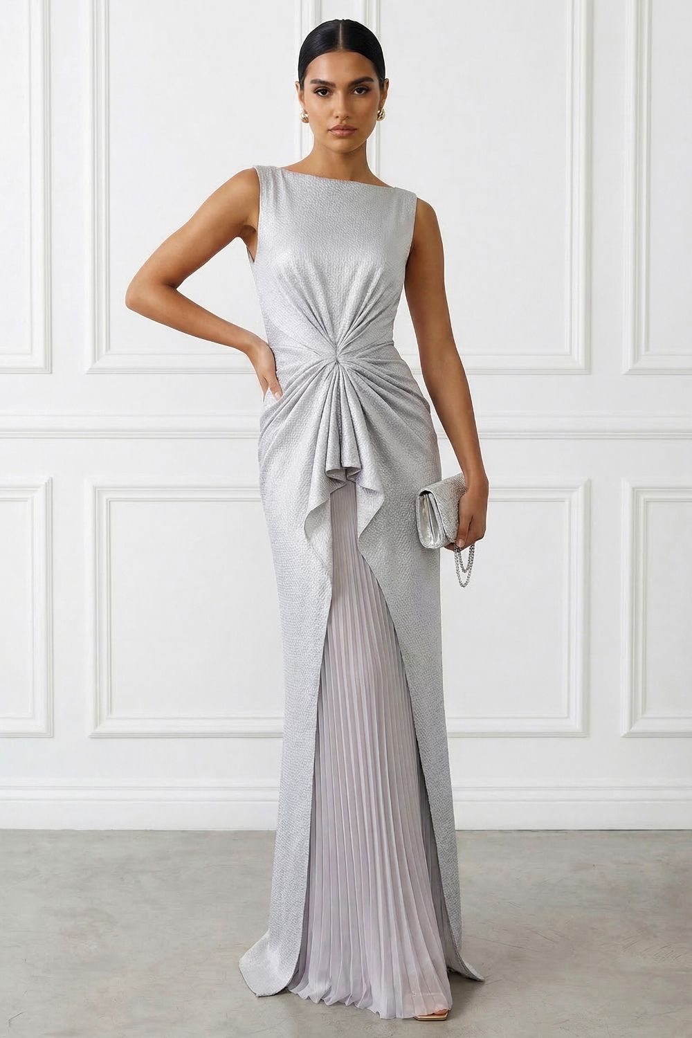 Silver Ruched Pleated Satin Boat Neck Sleeveless Sheath Gown Dress