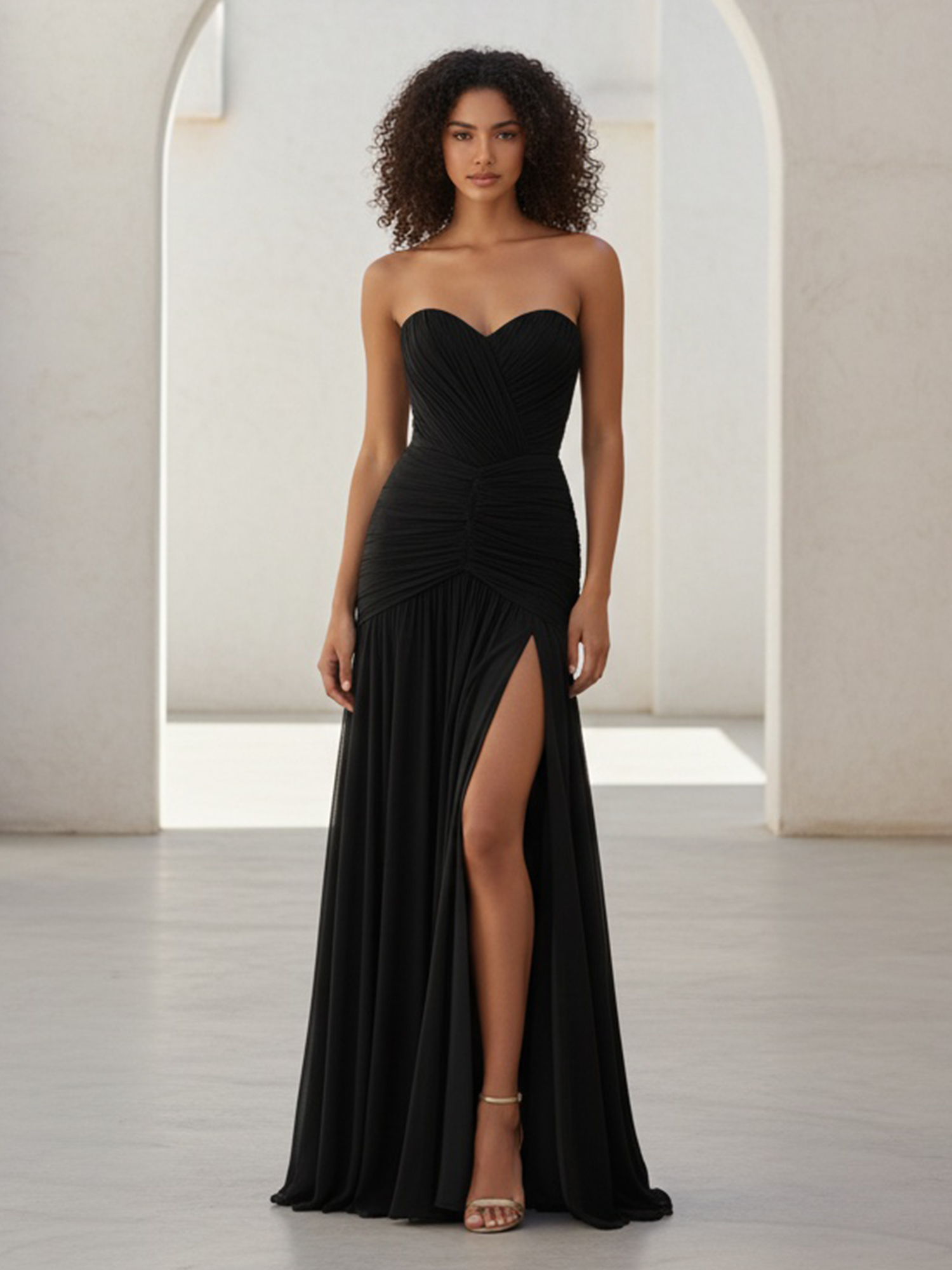 Black Sweetheart A Line Pleat Prom Gown with Slit
