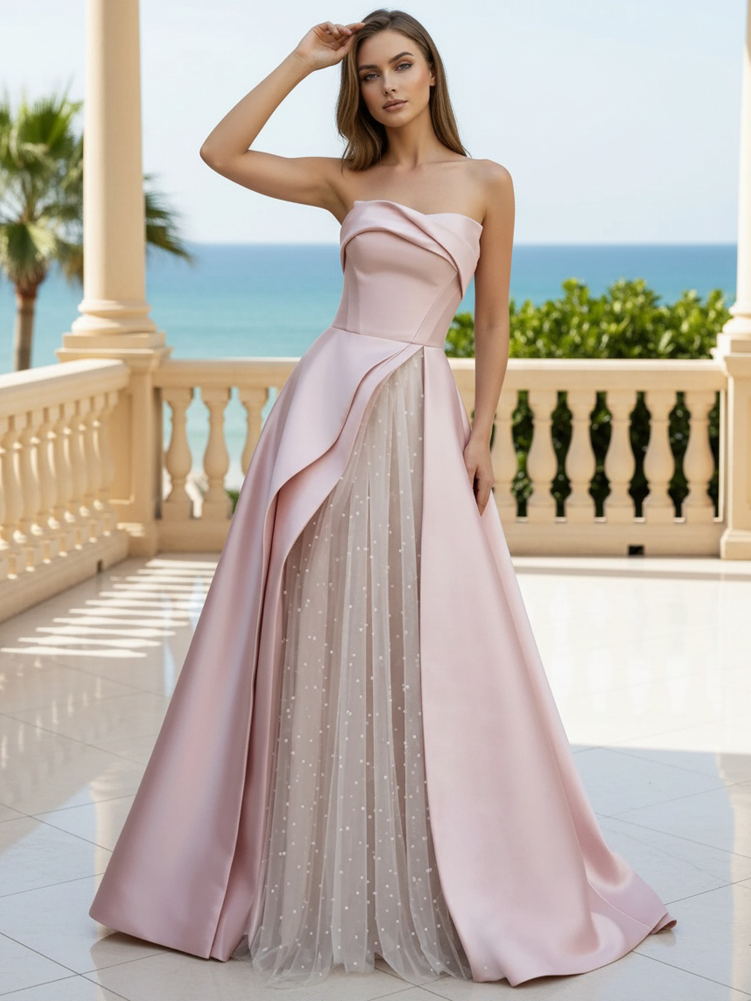 Pink Strapless A Line Satin Ruffle Prom Dress with Beads