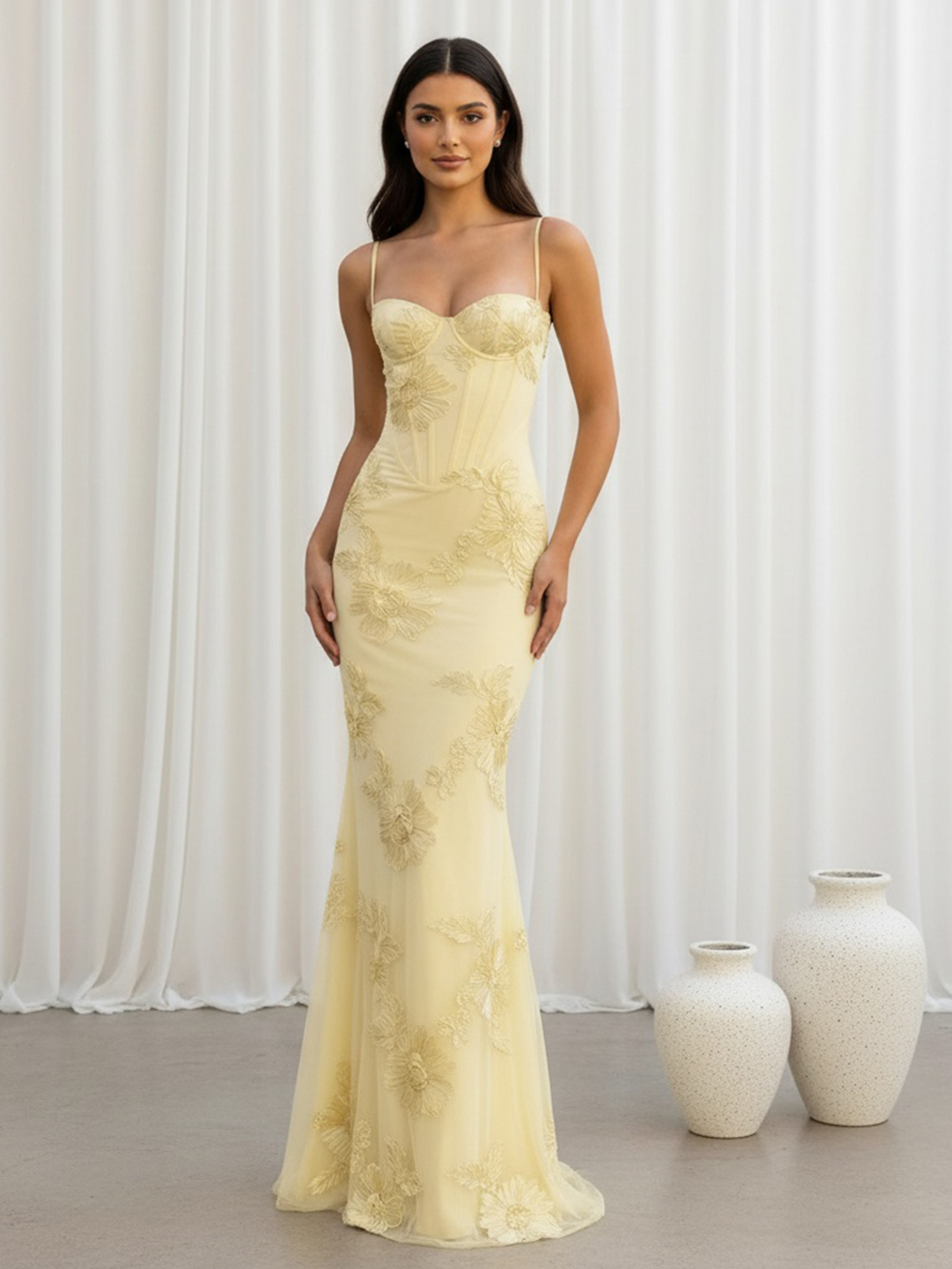 Yellow 3D Flower Sweetheart Mermaid Satin Prom Dress 