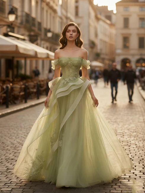 Sage Flowy Off the Shoulder Tulle Princess Prom Dress 
