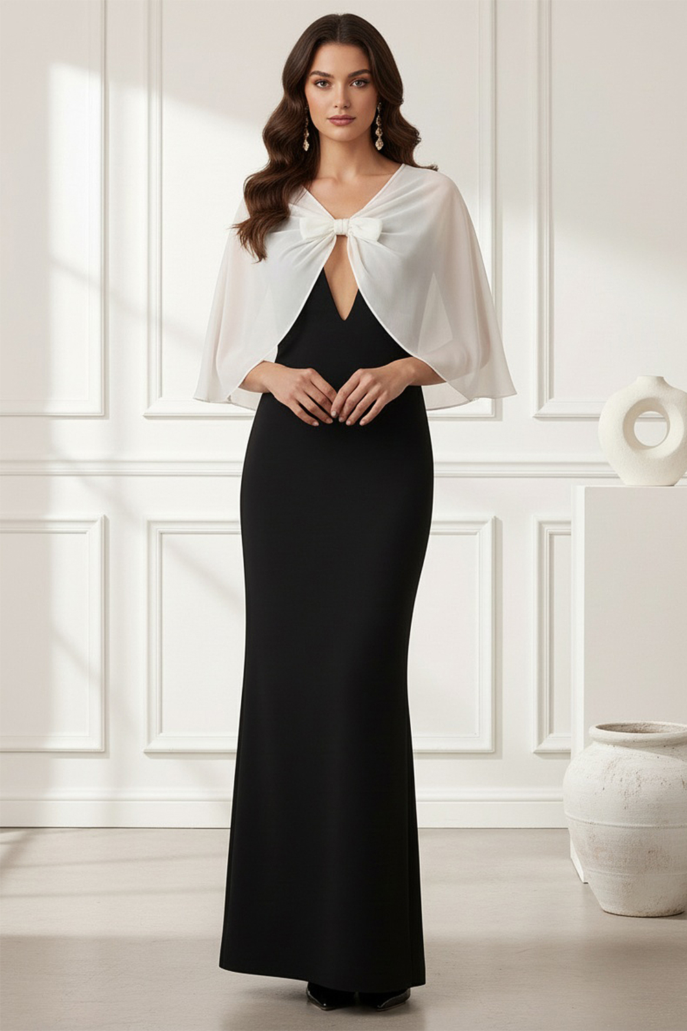 Black Mermaid Evening Gown with Sheer White Chiffon Capelet and Bow Accent