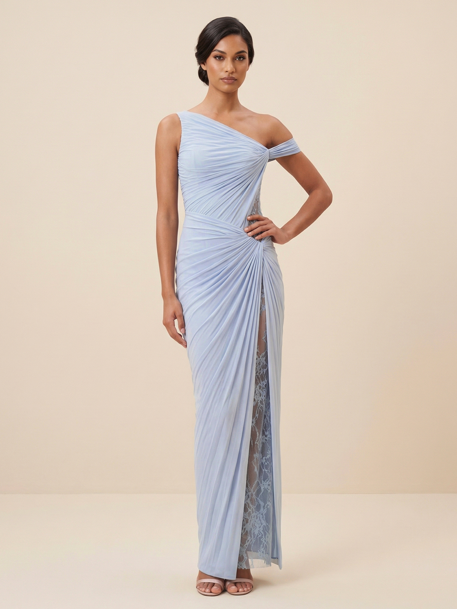 Dusty Blue One-Shoulder Ruched Mesh Gown with Lace Slit