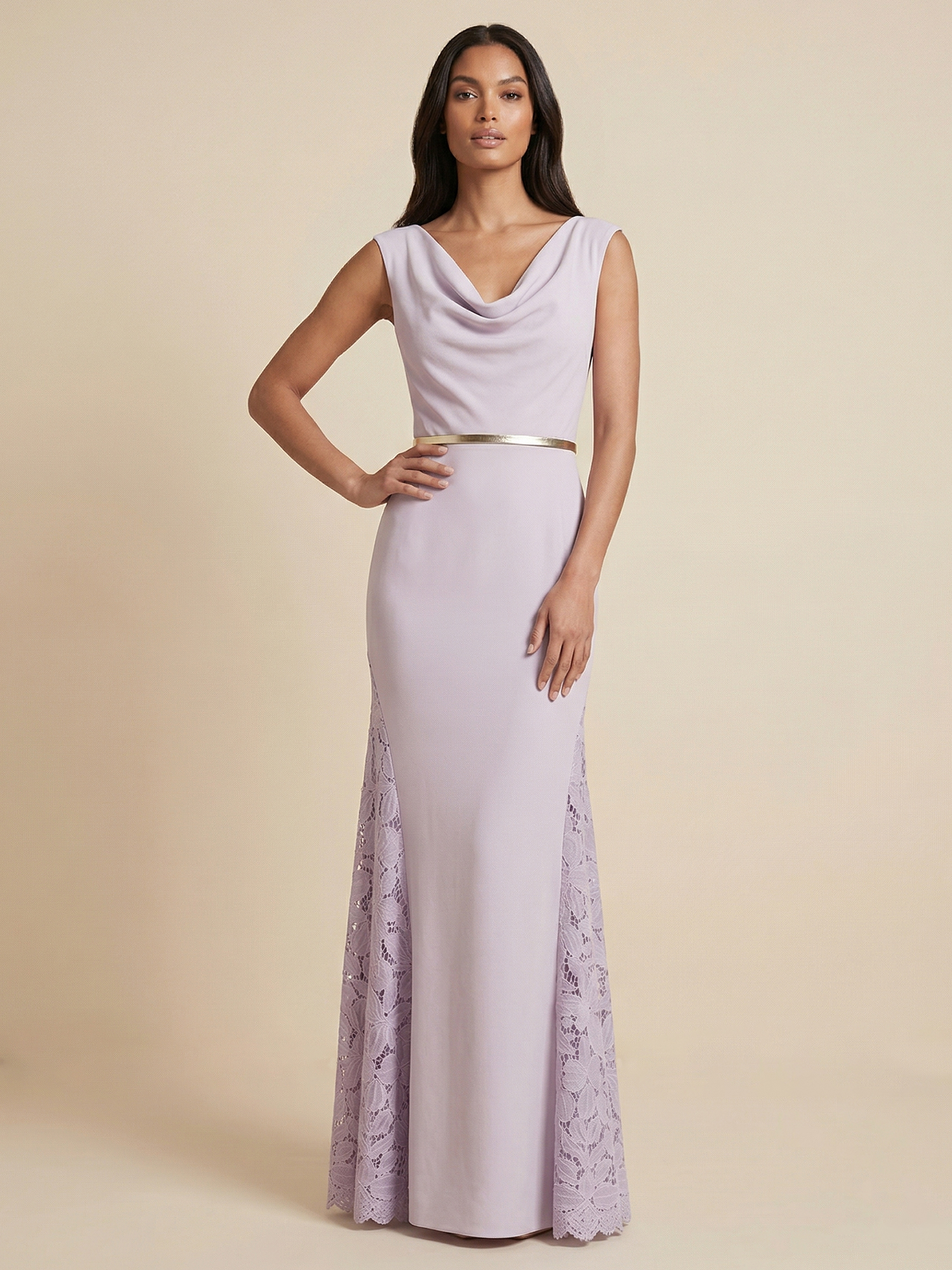 Lavender Cowl Neck Mermaid Gown with Lace Side Panels