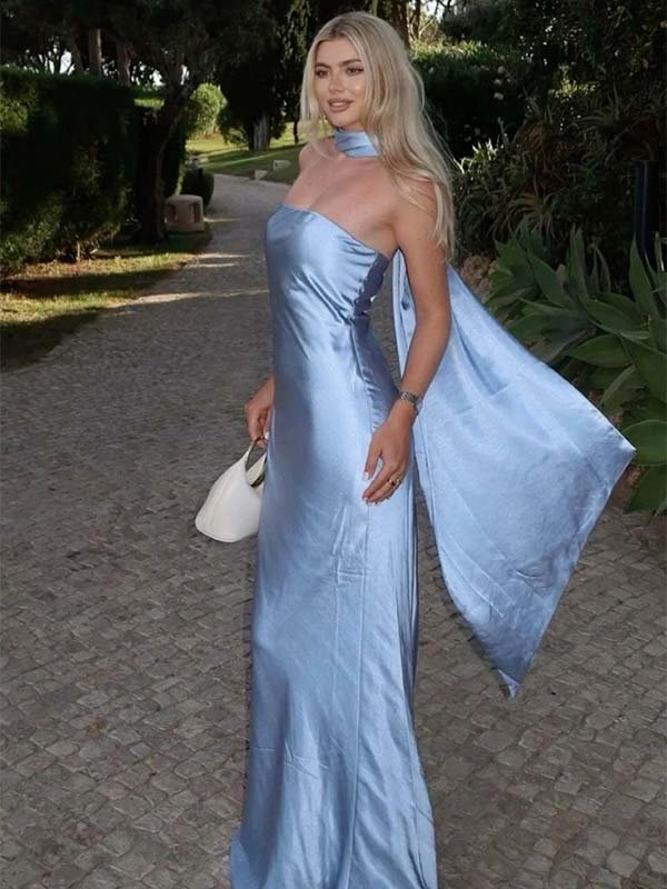 Simple Blue Strapless Mermaid Wedding Guest Dress,Prom Dress