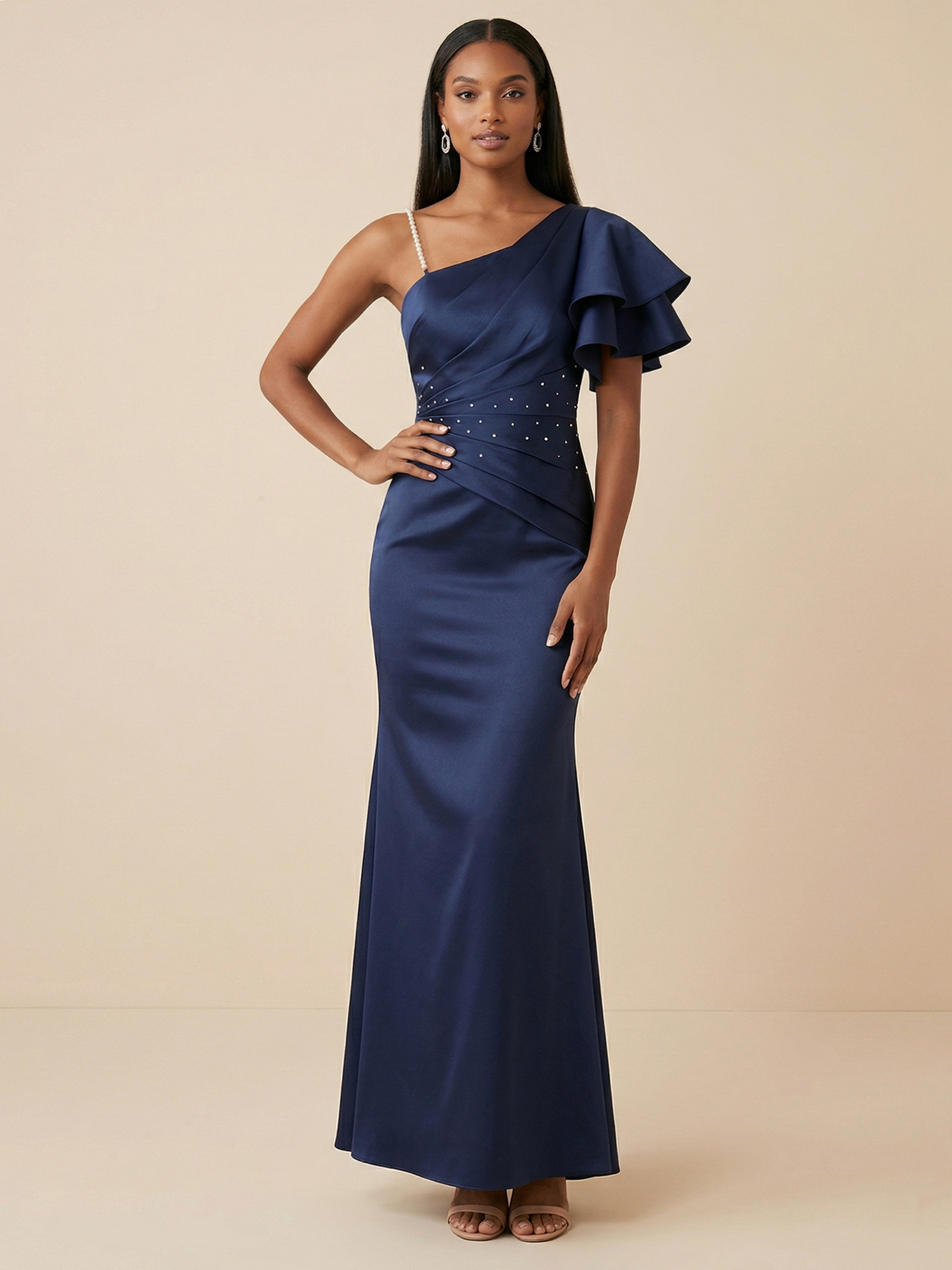 Navy One-Shoulder Satin Mermaid Gown with Pearl Strap & Beaded Waist