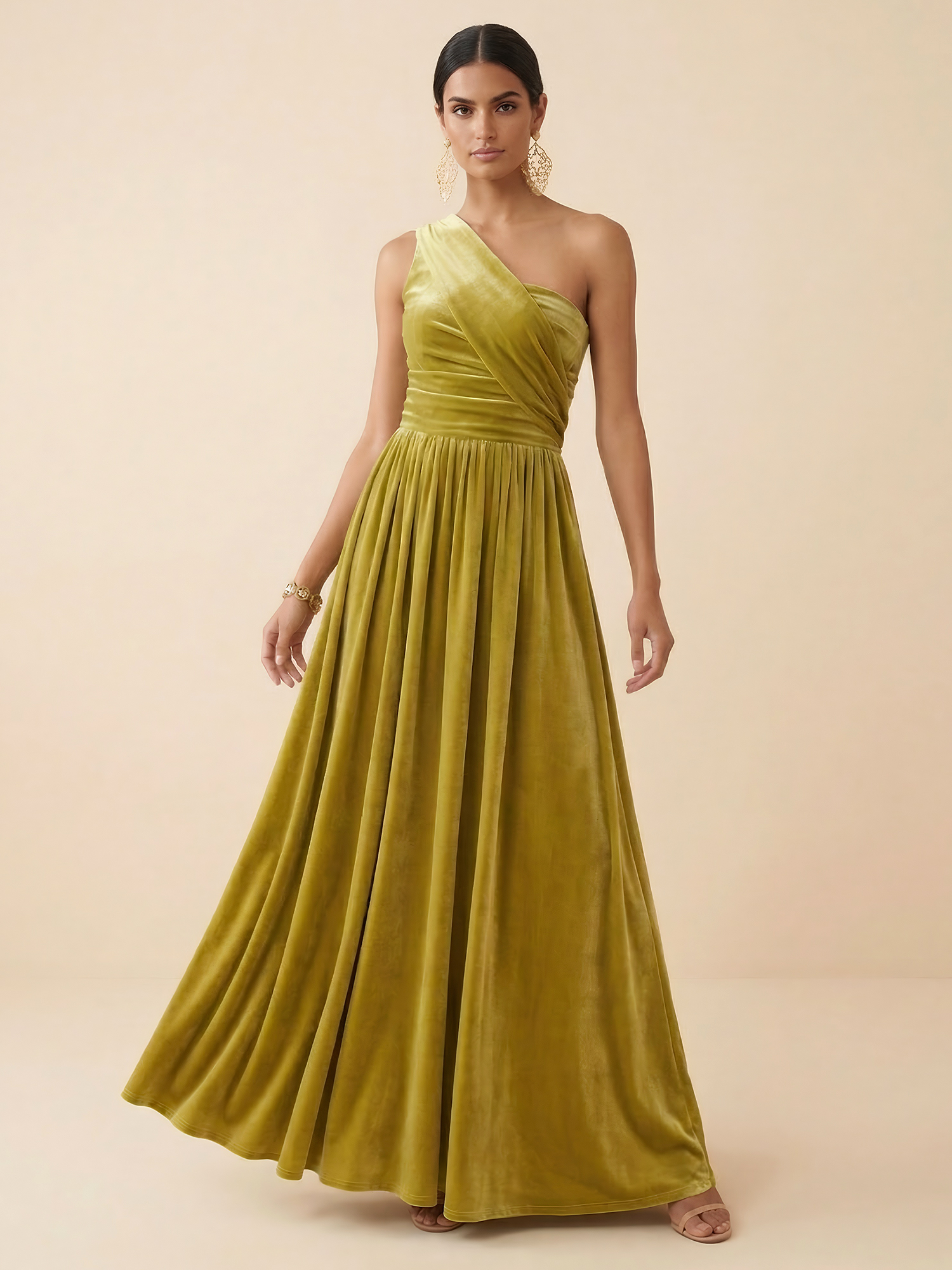 Chartreuse Velvet One-Shoulder A-Line Maxi Gown