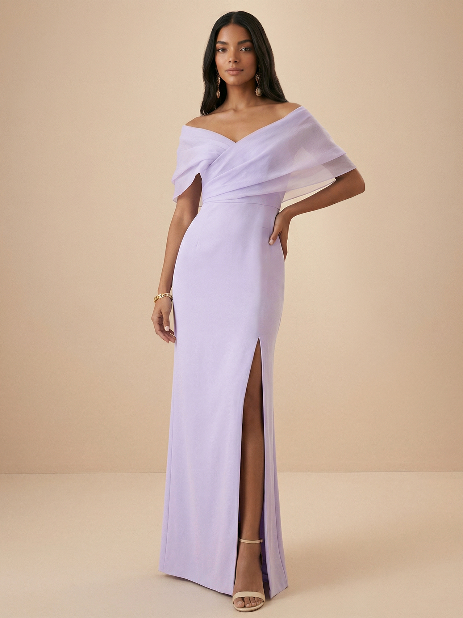 Lavender Off-the-Shoulder Sheath Gown with Chiffon Overlay & High Slit