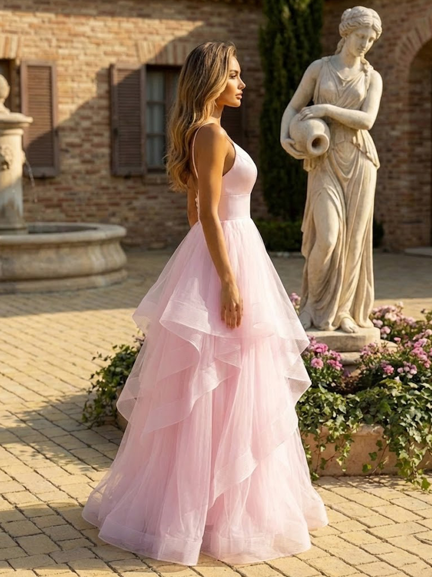 Spaghetti Straps Prom Dresses for Teens V Neck Tiered Evening Party Dress