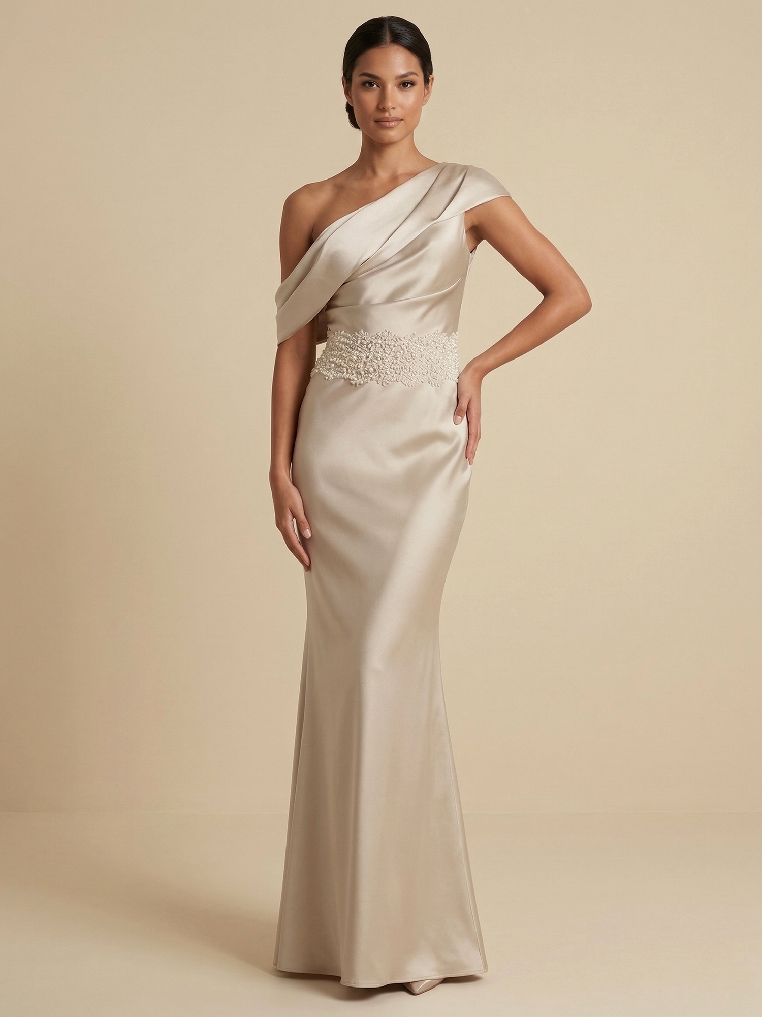 Champagne Satin One-Shoulder Mermaid Gown with Beaded Waist