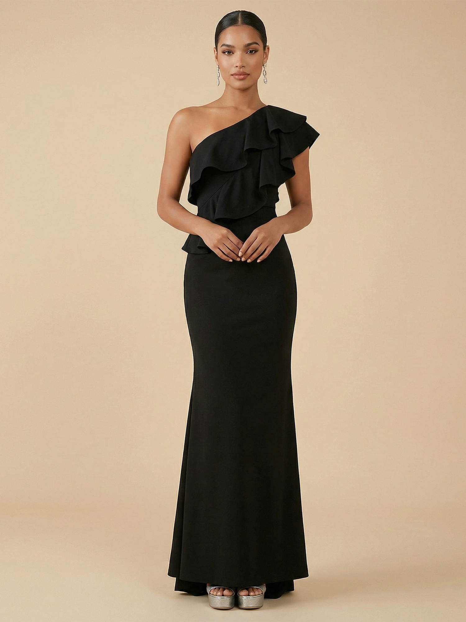 Black One-Shoulder Ruffle Mermaid Gown