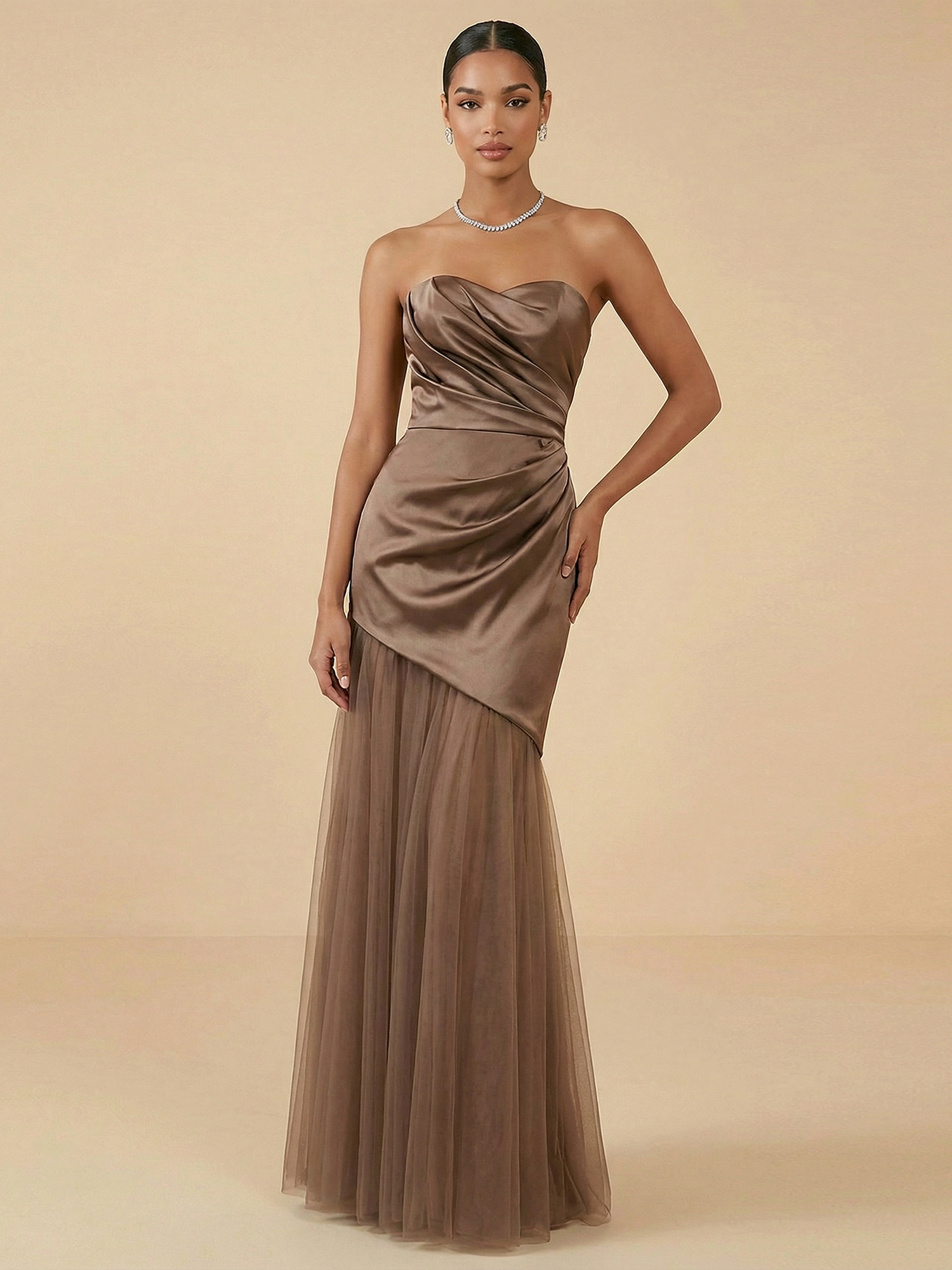 Taupe Satin Strapless Mermaid Gown with Tulle Skirt
