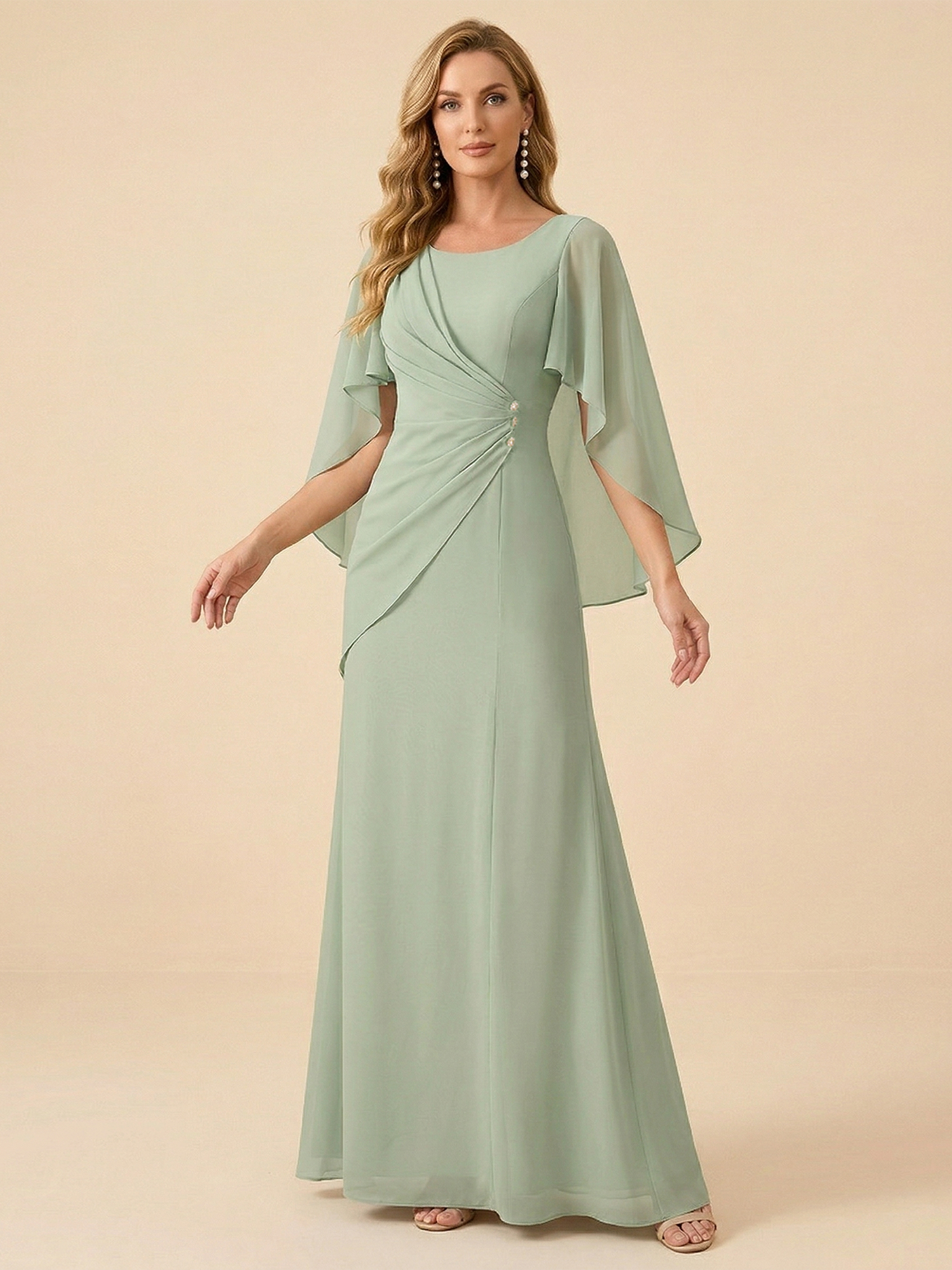 Sage Green Chiffon Cape Sleeve Mother of the Bride Gown