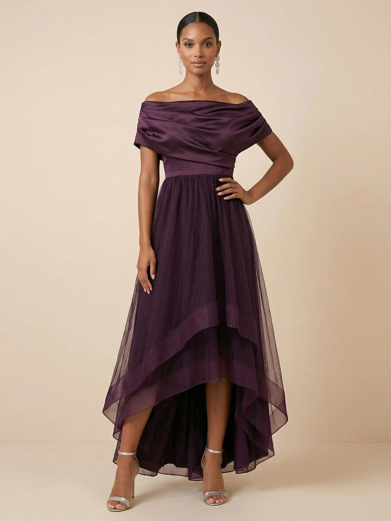 Plum Off-the-Shoulder Satin & Tulle High-Low A-Line Gown