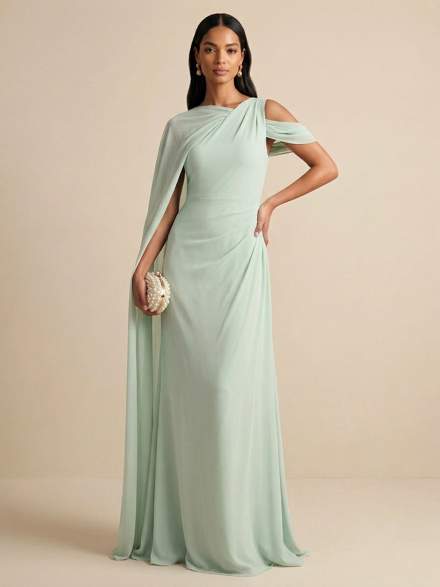 Sage Green Asymmetrical Cape Sleeve Chiffon Sheath Gown