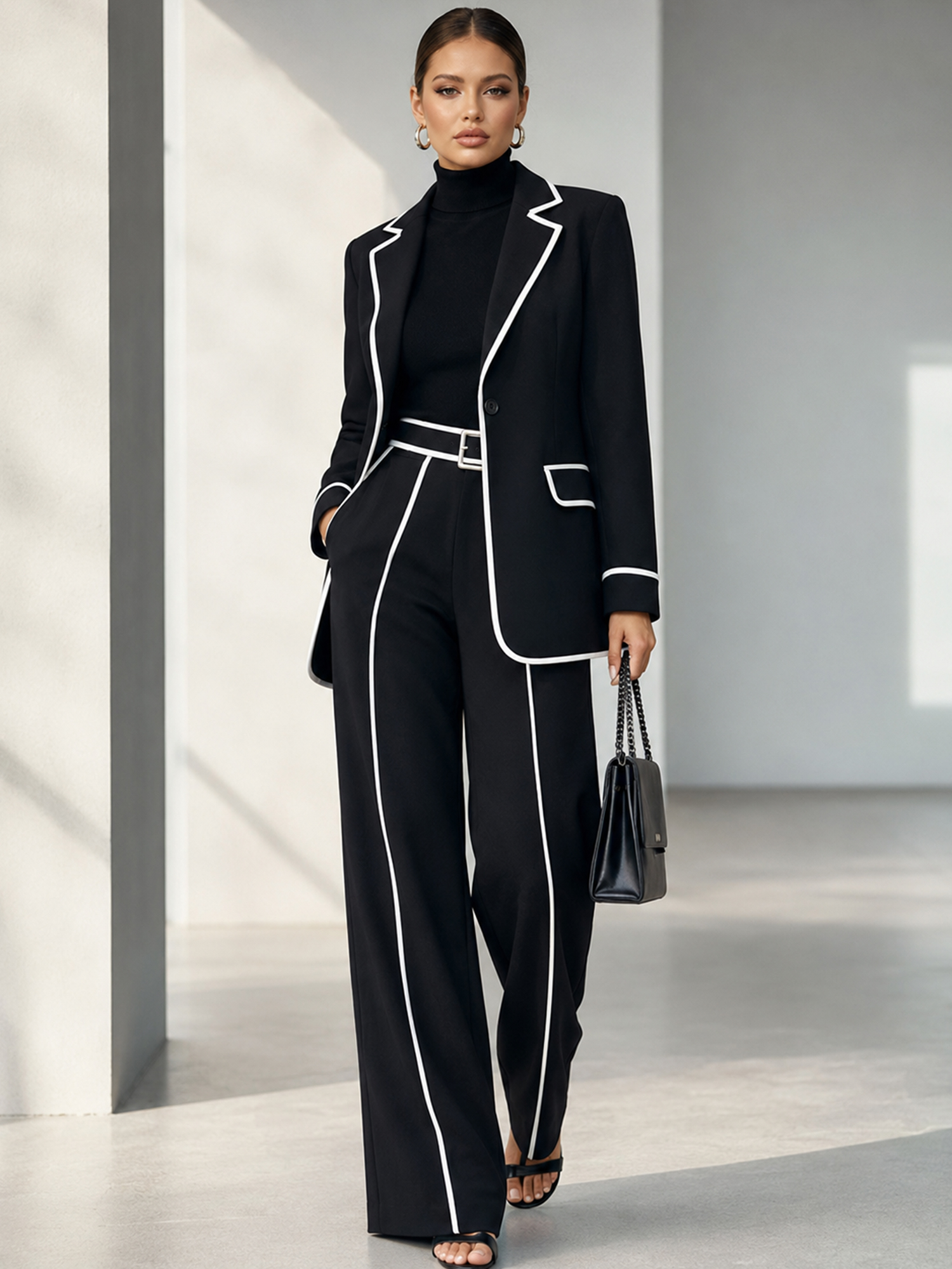 Black Slim‑fit Blazer And Wide‑leg Pants 2‑Piece Suit