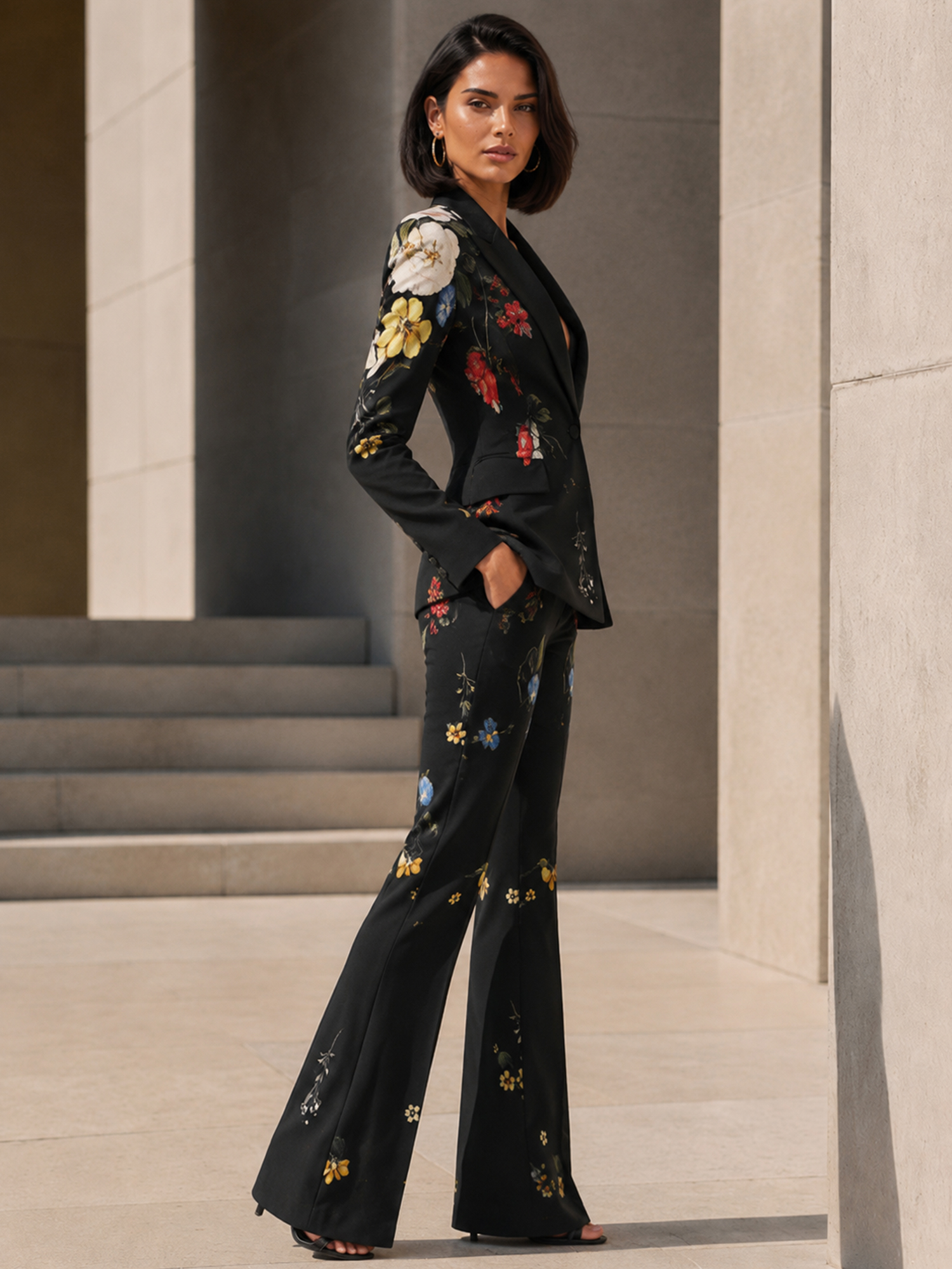 Black Floral‑print Slim‑fit Blazer And Flared Pants 2‑Piece Suit