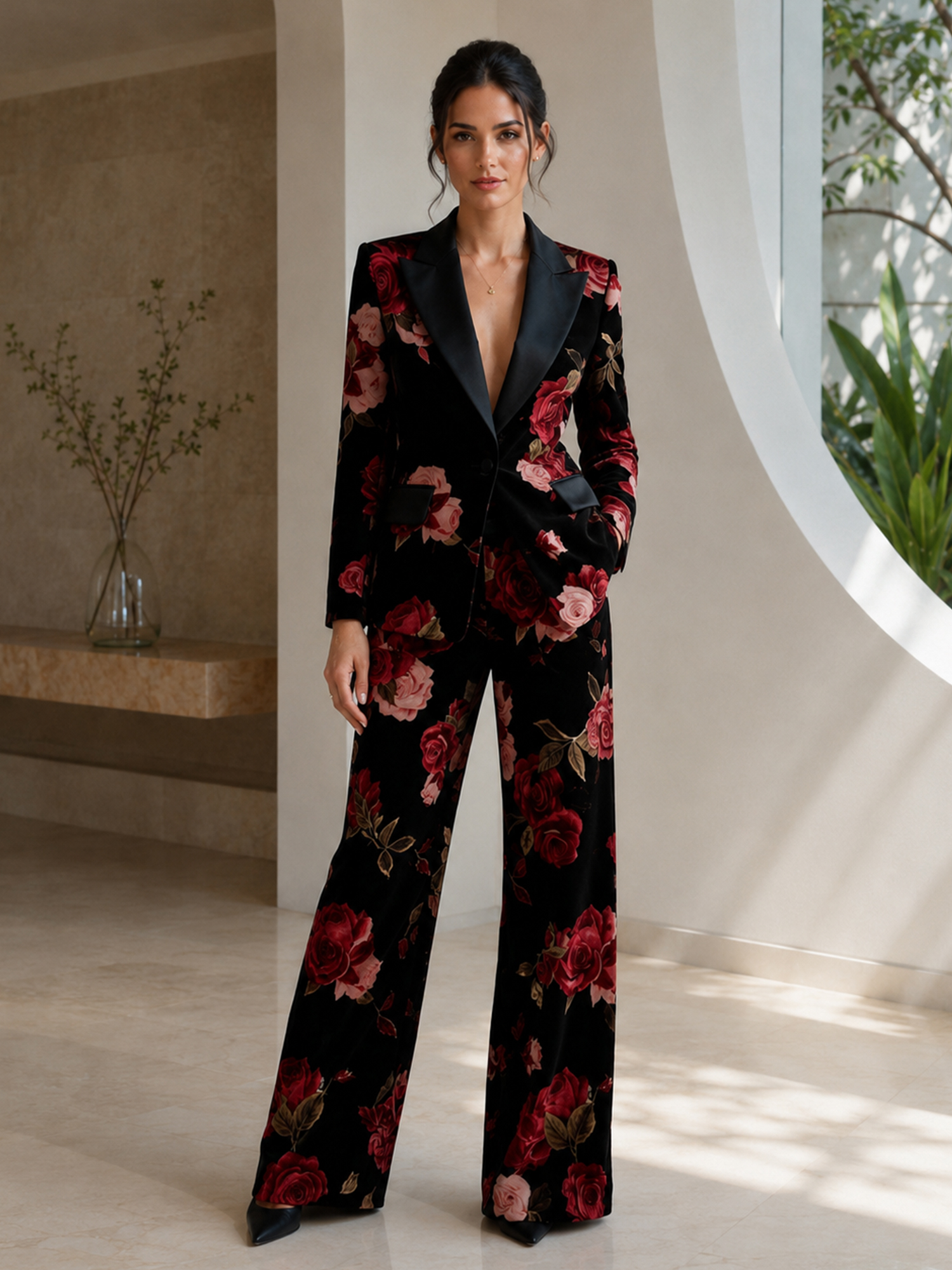 Black Velvet Rose‑print Blazer And Wide‑leg Pants 2‑Piece Suit