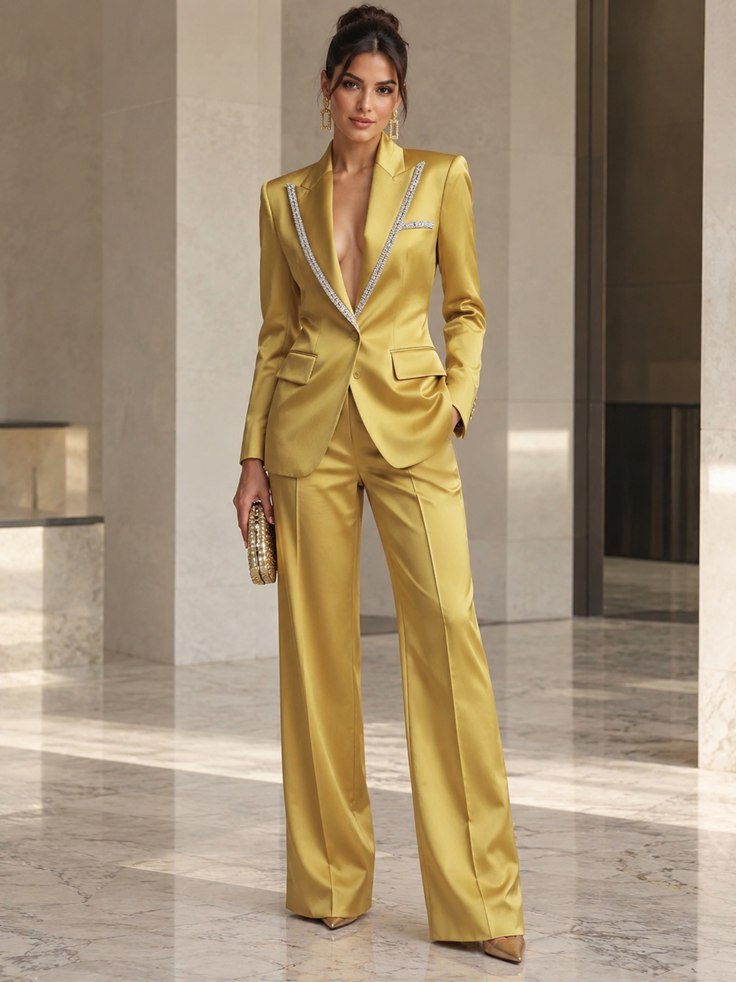 Gold Satin Rhinestone‑Trim Blazer And Wide‑leg Pants 2‑Piece Suit