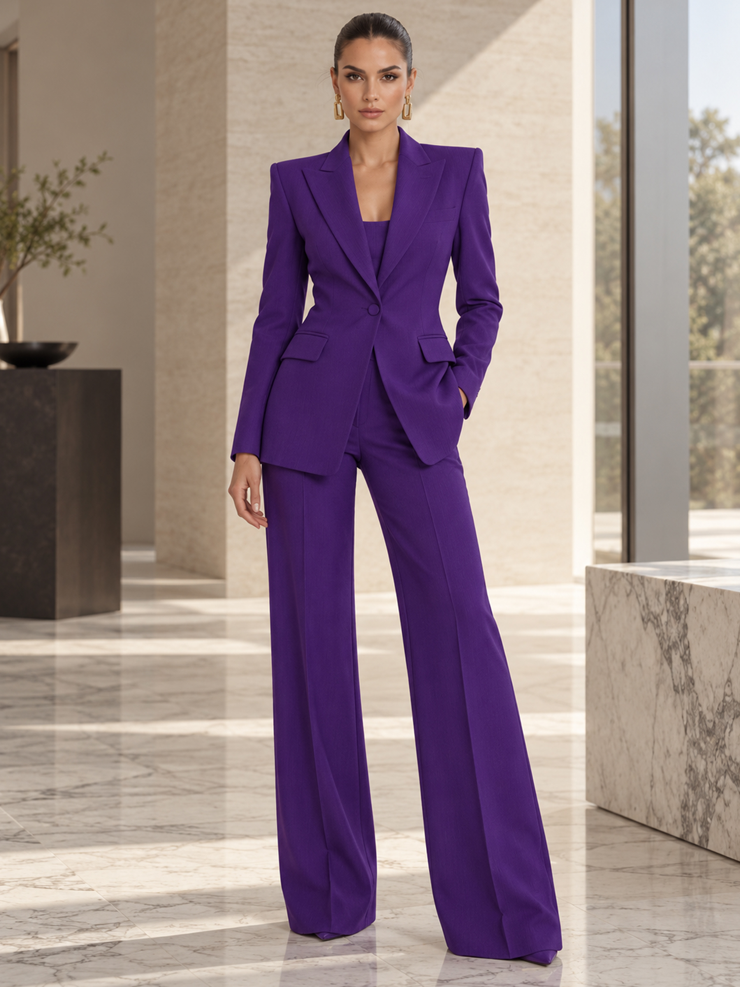 Purple Solid‑color Single‑button Blazer And Wide‑leg Pants 2‑Piece Suit