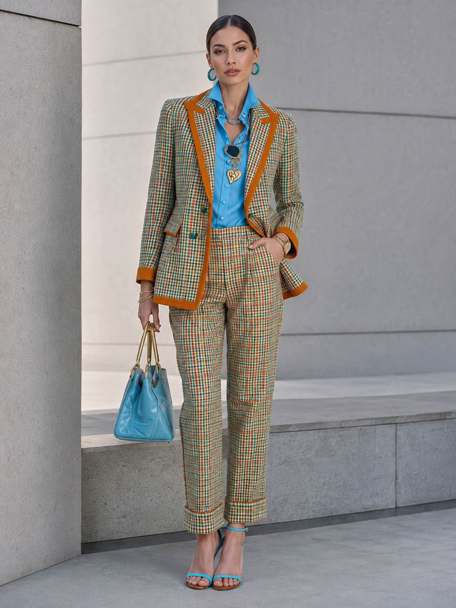 Colorful Plaid Contrast‑Trim Blazer And Cropped Cuffed Pants 2‑Piece Suit