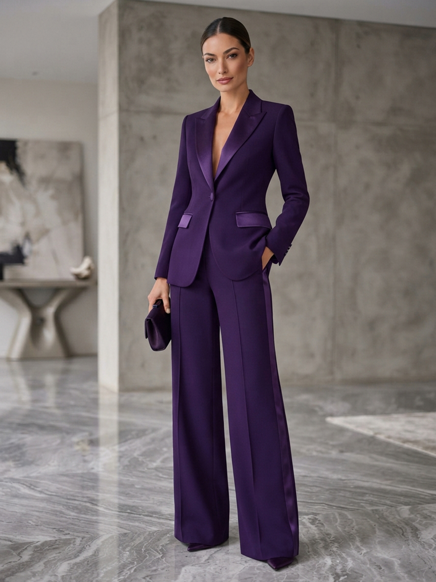 Deep Purple Satin Lapel Single‑Button Blazer & Side‑Stripe Wide‑Leg Pants 2‑Piece Suit