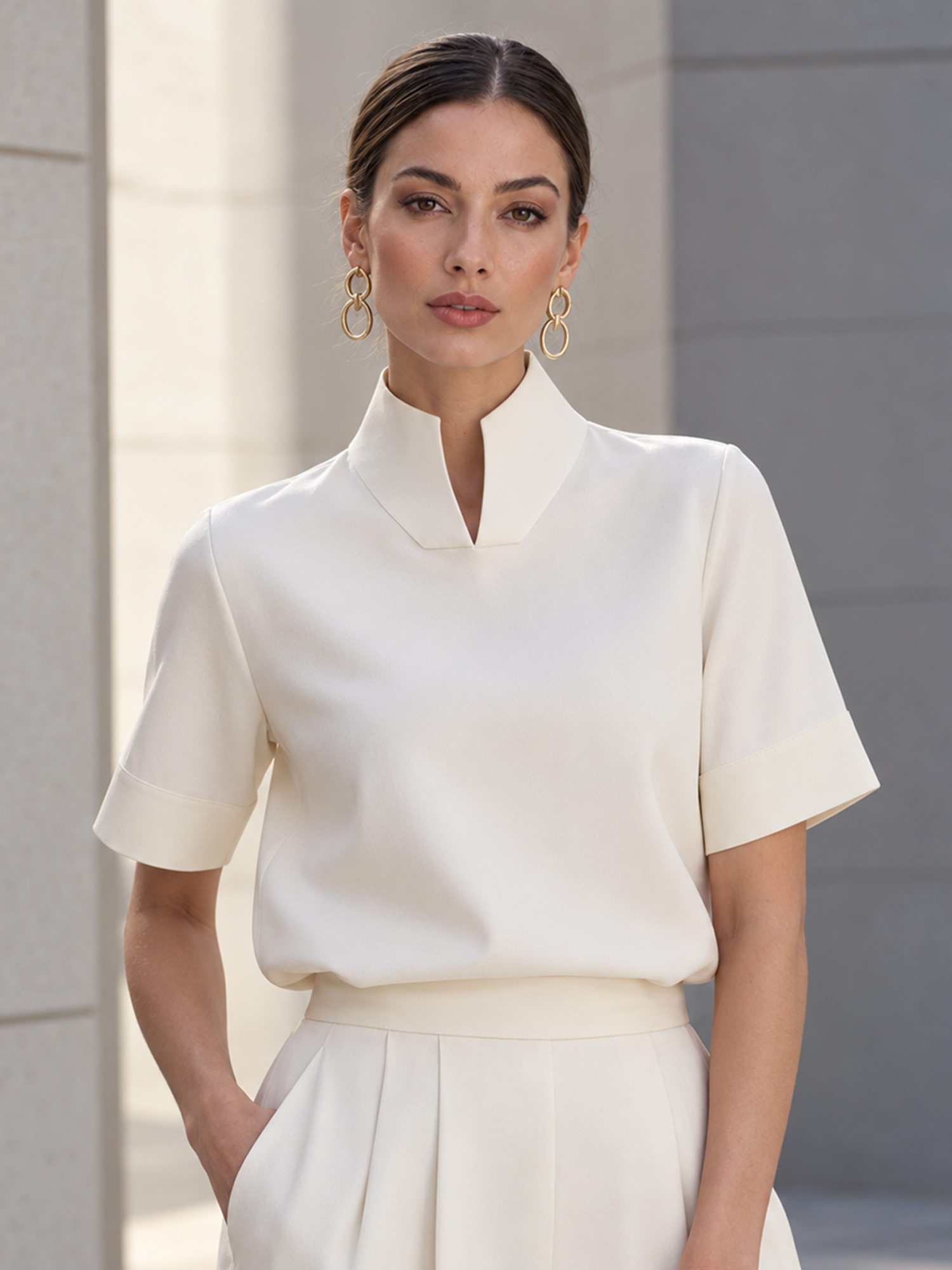 Stand‑Collar Split V Neck Short Sleeve Blouse French Minimalist Work Top for Women