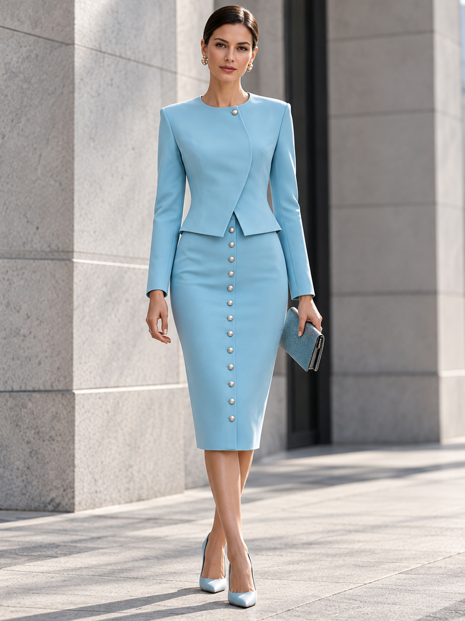 Sky Blue Round Neck Wrap Overlay Cropped Blazer Button Front Midi Pencil Skirt 2‑Piece Suit for Women