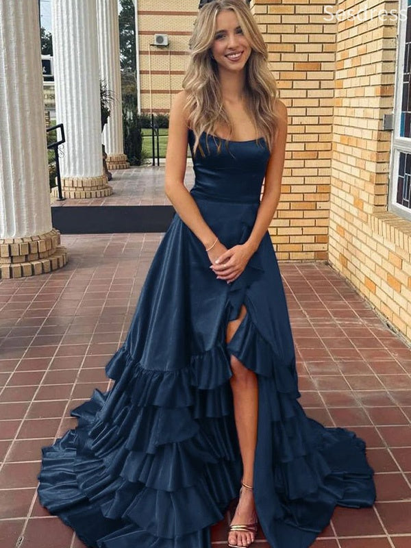 Elegant Navy Blue Strapless Side Slit A-line Long Evening Dress,Prom Dress