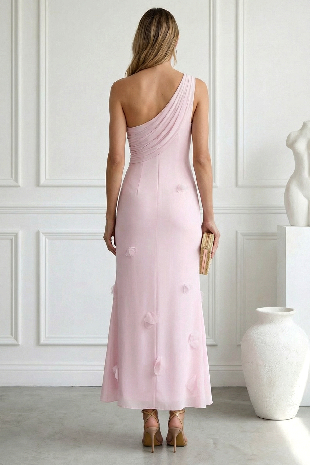Blush Pink One-Shoulder Midi Dress with 3D Floral Appliqués