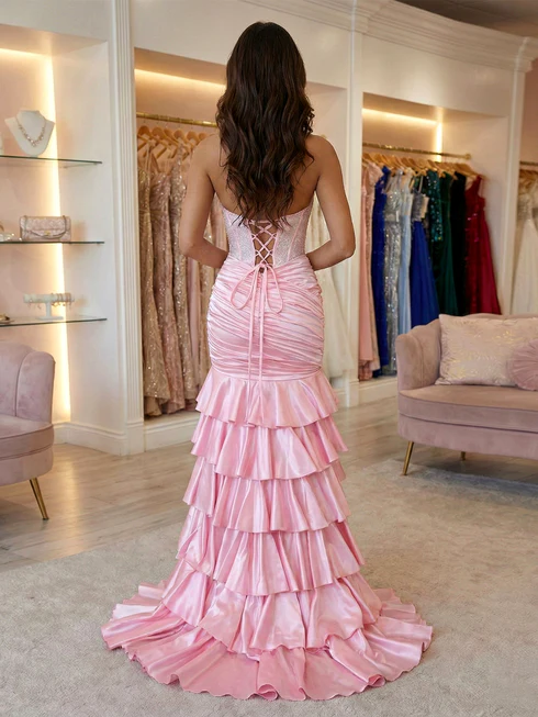 Pink Halter Neck Mermaid Tiered Prom Gown with Slit
