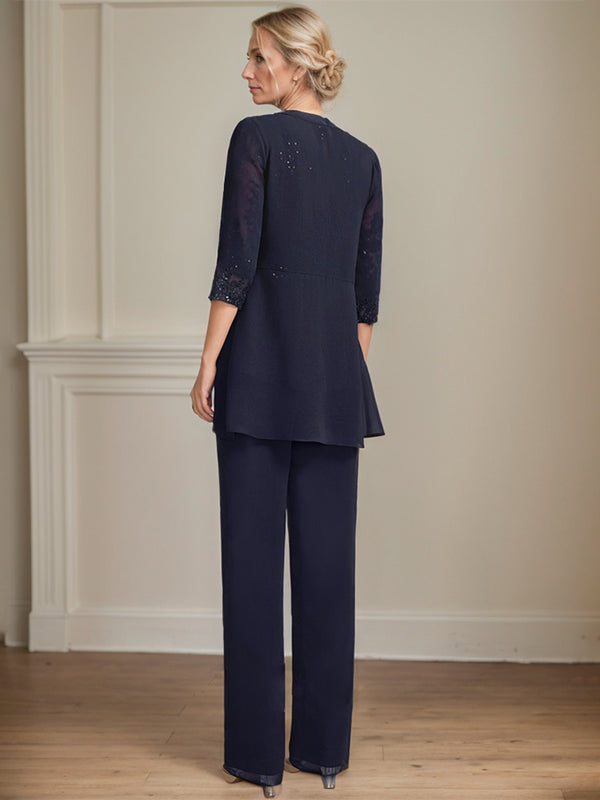 Jumpsuit/Pantsuit Separates Scoop Floor-Length Chiffon Lace Mother of the Bride Dress With Sequins