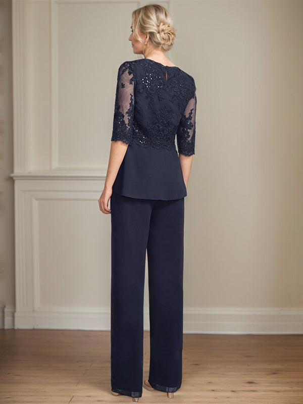 Jumpsuit/Pantsuit Separates Scoop Floor-Length Chiffon Lace Mother of the Bride Dress With Sequins