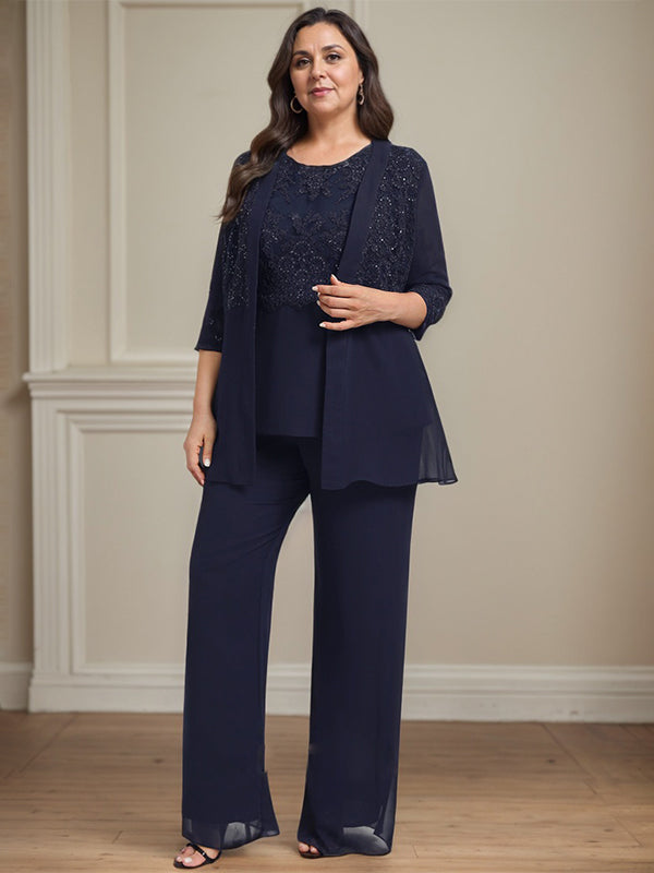 Jumpsuit/Pantsuit Separates Scoop Floor-Length Chiffon Lace Mother of the Bride Dress With Sequins