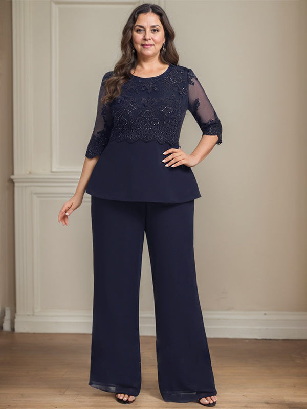 Jumpsuit/Pantsuit Separates Scoop Floor-Length Chiffon Lace Mother of the Bride Dress With Sequins