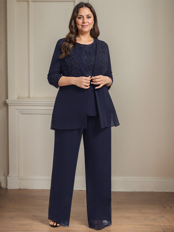 Jumpsuit/Pantsuit Separates Scoop Floor-Length Chiffon Lace Mother of the Bride Dress With Sequins