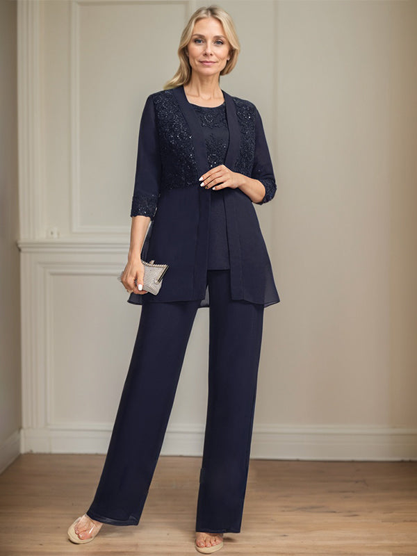 Jumpsuit/Pantsuit Separates Scoop Floor-Length Chiffon Lace Mother of the Bride Dress With Sequins