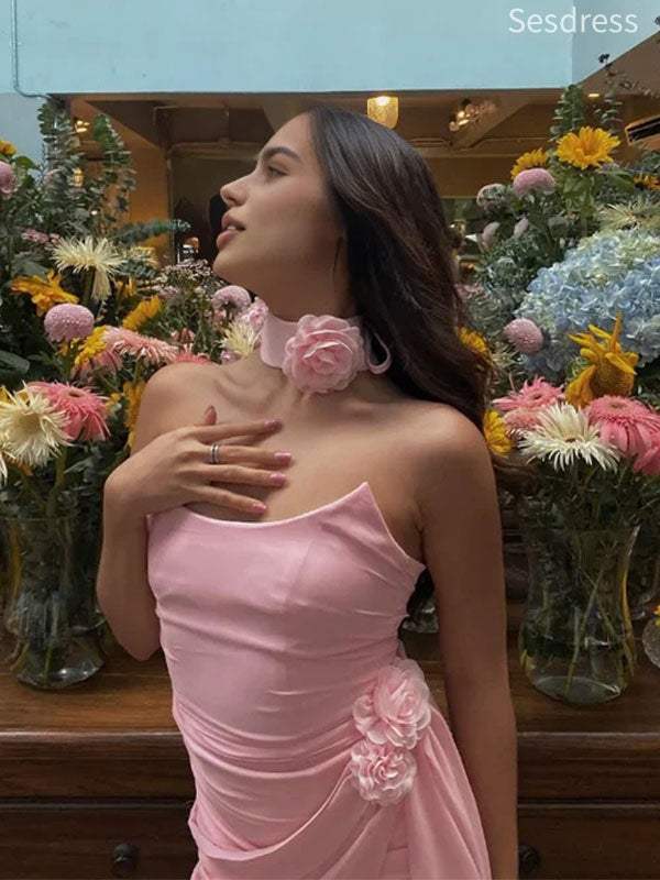 Gorgeous Pink Scoop 3D Flower Strapless Pleats Short Mini Dress Homecoming Dress