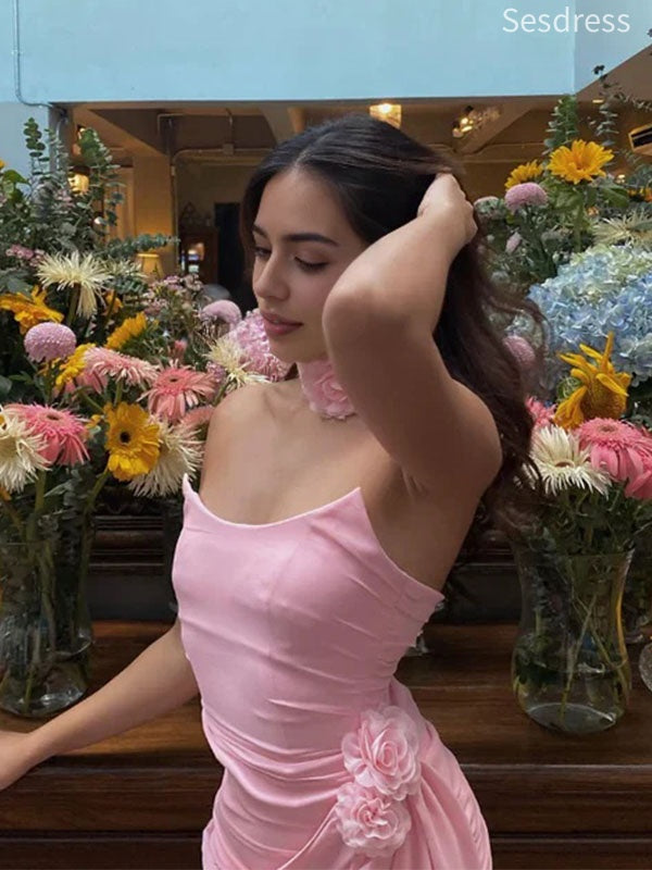 Gorgeous Pink Scoop 3D Flower Strapless Pleats Short Mini Dress Homecoming Dress