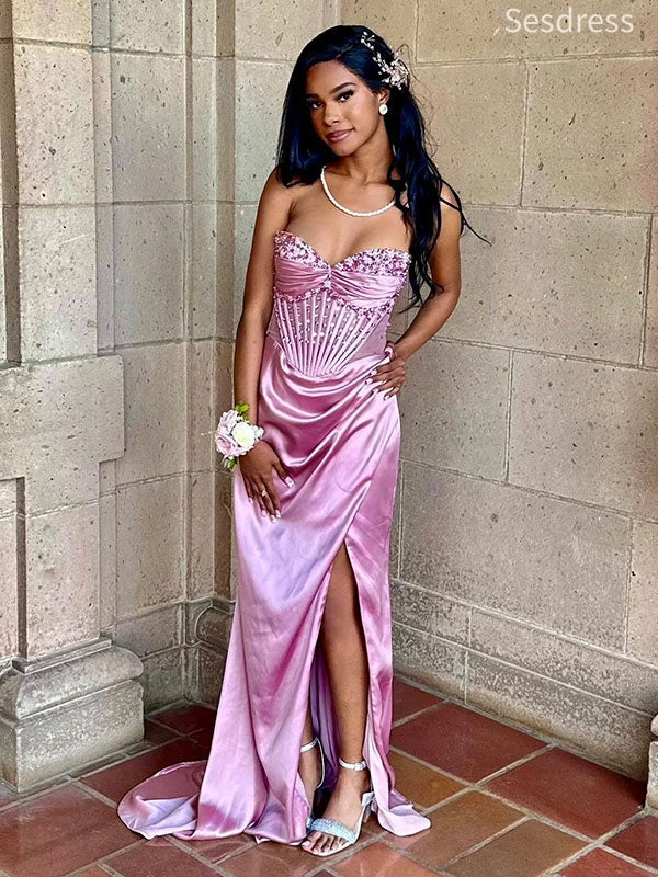 Gorgeous Pink Sweetheart Strapless Lace Side Slit Mermaid Long Evening Dress,Prom Dress