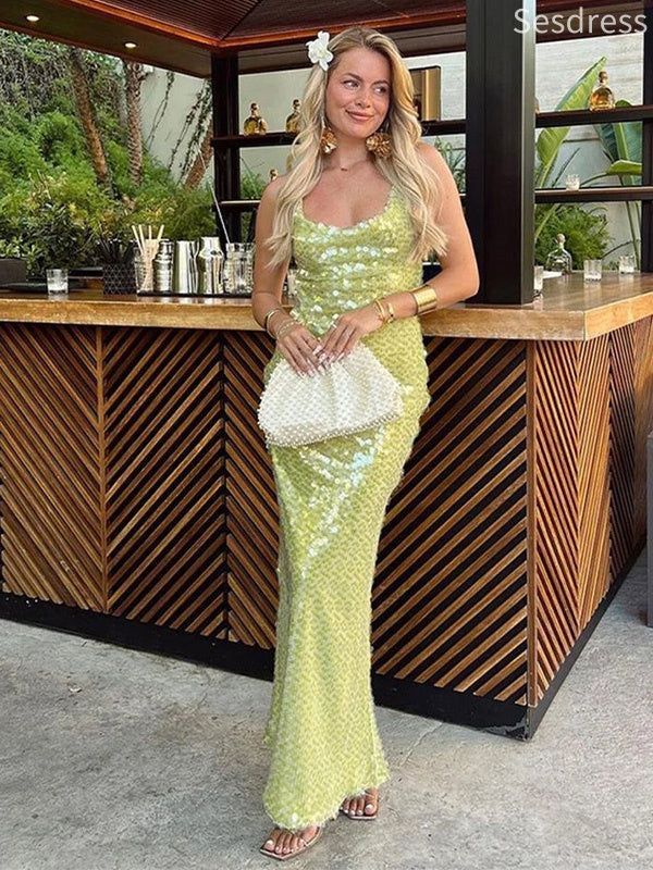 Sparkly Sage Sequin Square Lace Up Mermaid Long Evening Dress,Prom Dress
