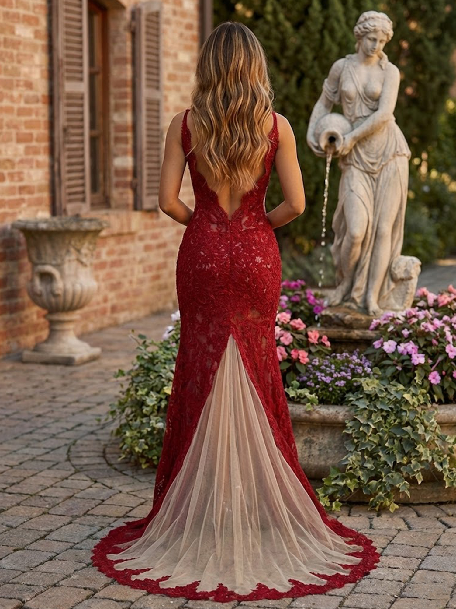 Lace Applique V Neck Prom Dresses with Slit Mermaid Backless Formal Dress 
