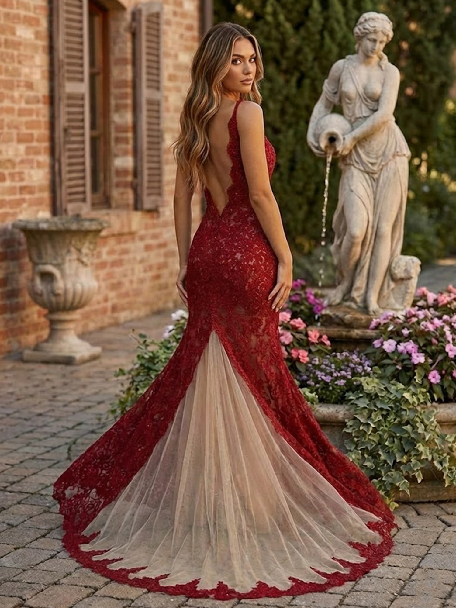 Lace Applique V Neck Prom Dresses with Slit Mermaid Backless Formal Dress 