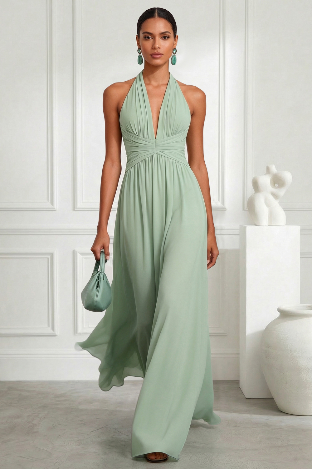 Sage Green Halter Neck Chiffon Maxi Gown with Back Bow Tie