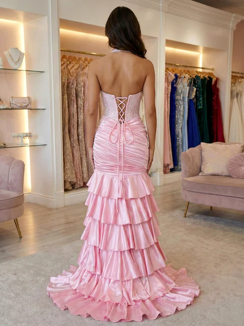 Pink Halter Neck Mermaid Tiered Prom Gown with Slit